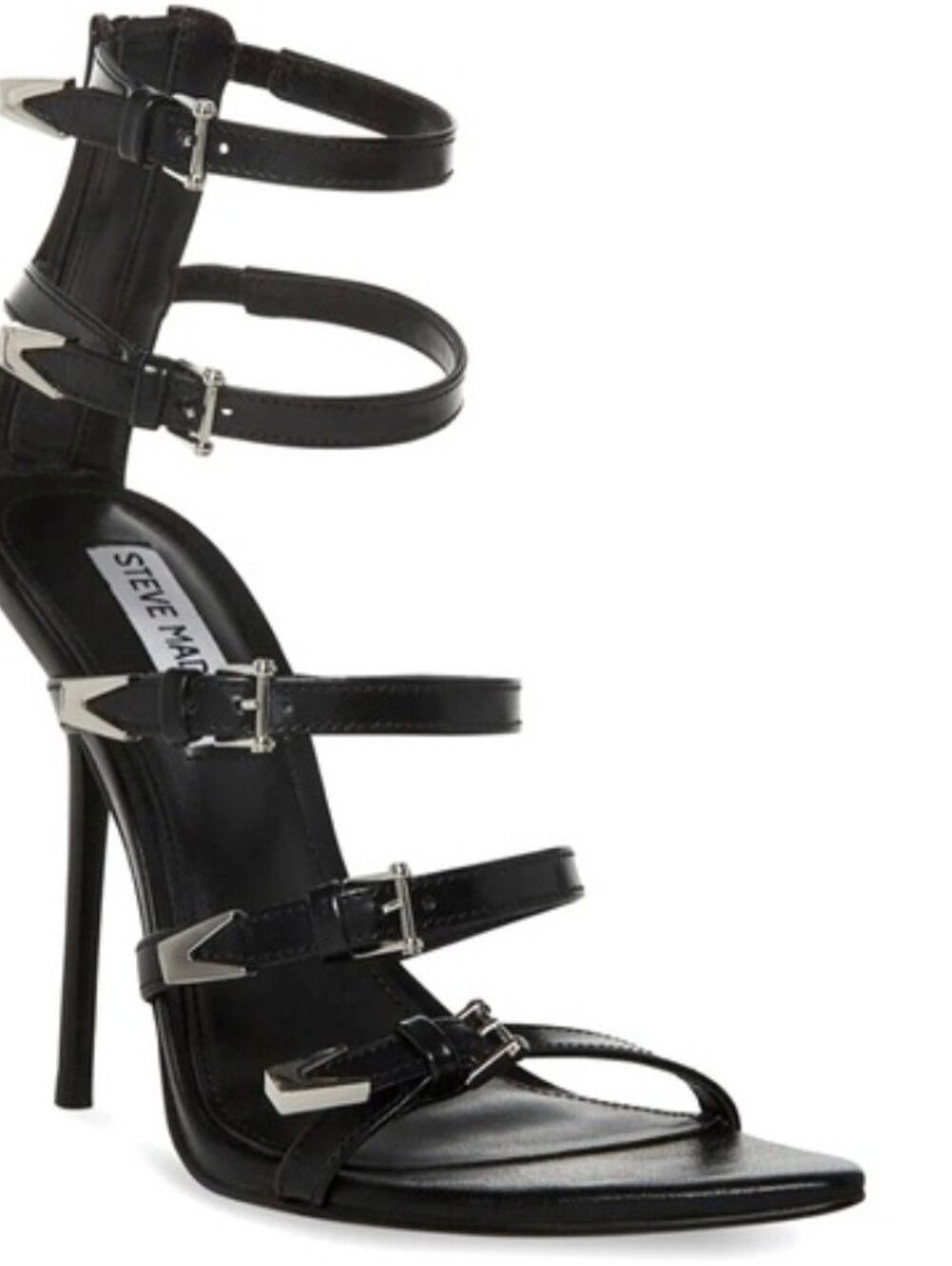 Steve Madden Black Multi-Strap Stiletto Sandal with Silver Hardware